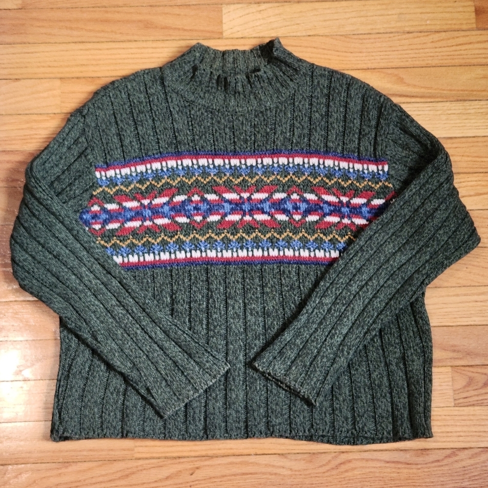 Vintage Liz Claiborne pine color fair isle patterned sweater